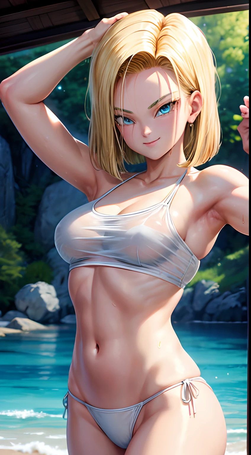 Android 18, ( upper body closeup shot ), ( Bokeh effect ), (cowboy shot), very seductive, seductive pose, smiling, cute, very cute, ultra high definition, masterpiece, ultra high quality, ultra detailing, 8k, in a see through bikini, white bikini, wet, off shoulder, wet white bikini