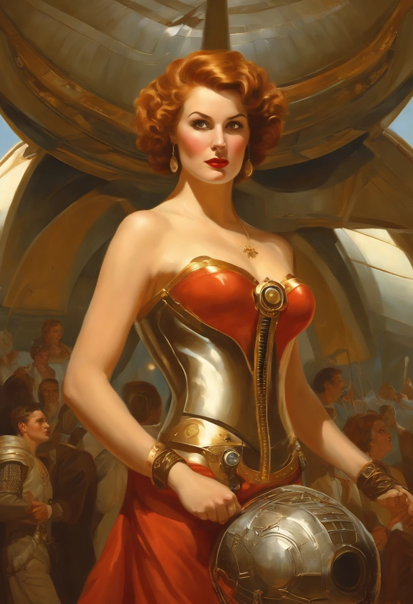 There's a woman in a futuristic dress in front of a bunch of people, large dieselpunk flying airships, drible, inspirado em Gil Elvgren, fantasia paladin mulher, inspirado por Mark Brooks, [ Bolhas, portrait of helen of troy, sci - fi : :, Armadura dourada