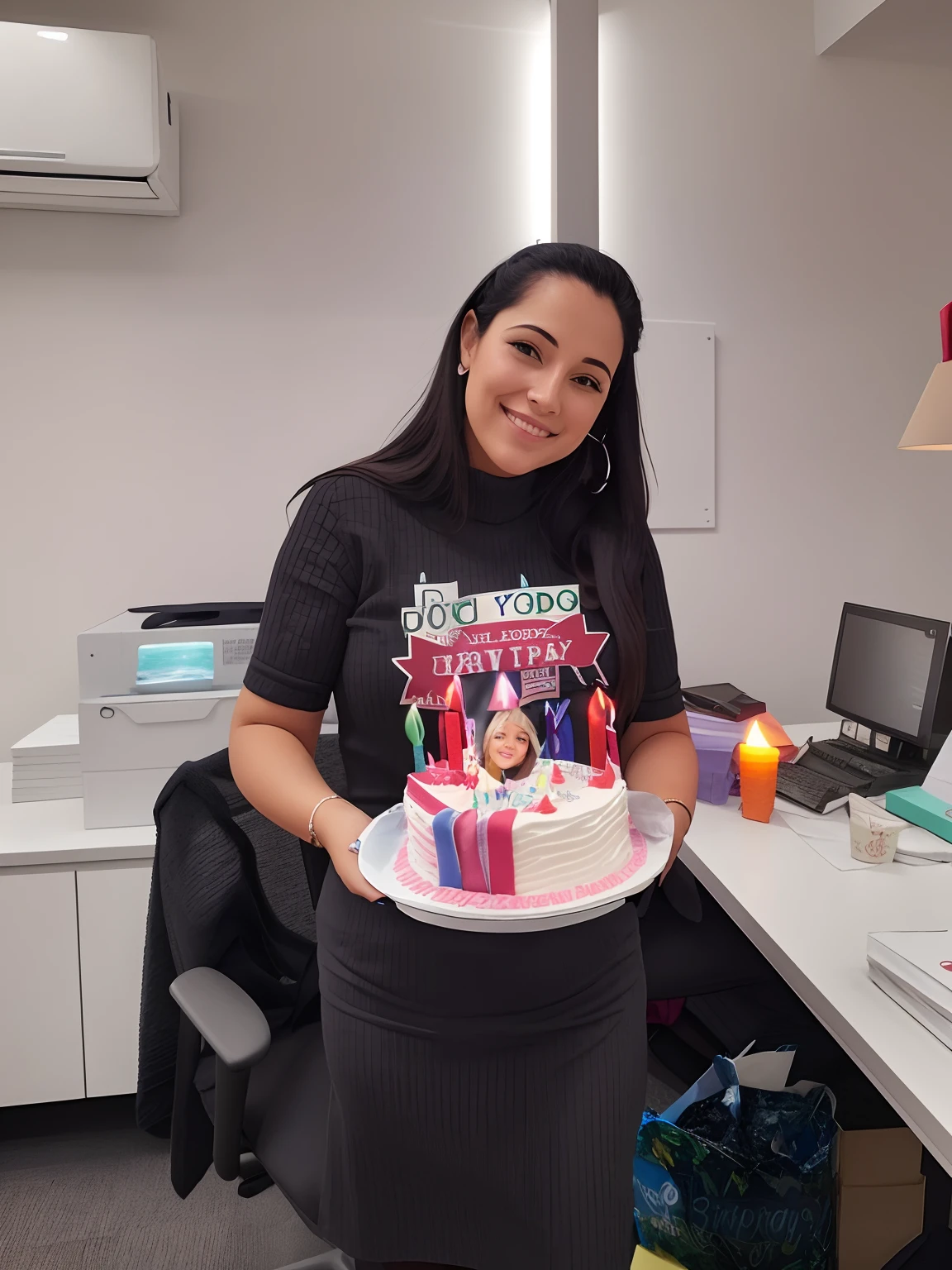 Smiling woman holding a cake with candles in an office, holding a birthday cake, celebrating a birthday, happy birthday, birthday cake, barbarian celebrate his birthday, arte do bolo, cake in hand, birthday cake on the ground, by Gina Pellón, Feliz!!!, com um brilhante, in office, imaculadamente detalhado