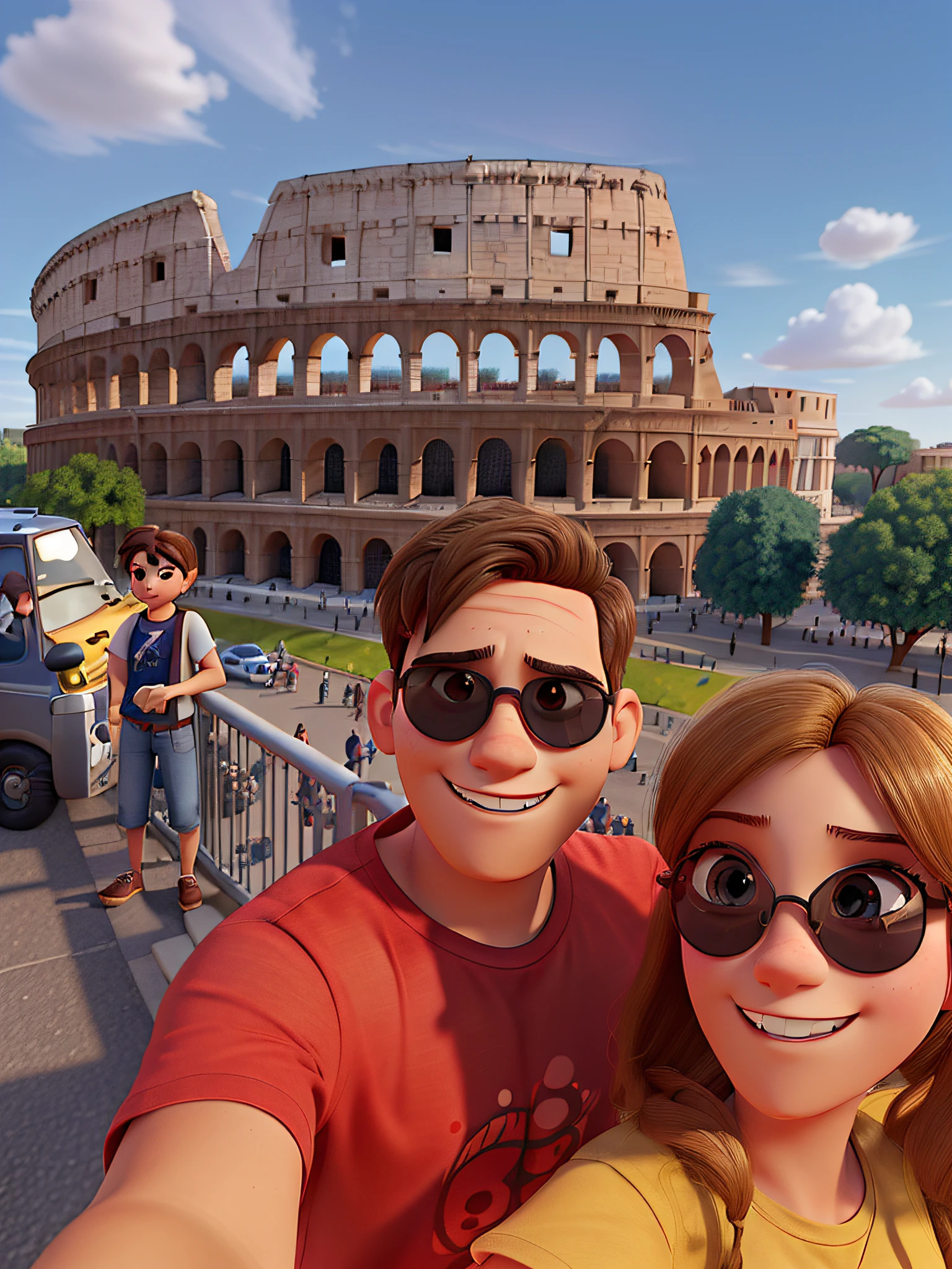 Create a Pixar movie poster of a young adventurous couple in Rome, Italy. Both are wearing dark sunglasses, and their eyes are not visible. She has medium to long light blonde hair, and he has short to medium dark hair, wearing a basic red t-shirt. Both have a Latin American skin tone, rendered in 3D in the style of a Pixar animation poster.