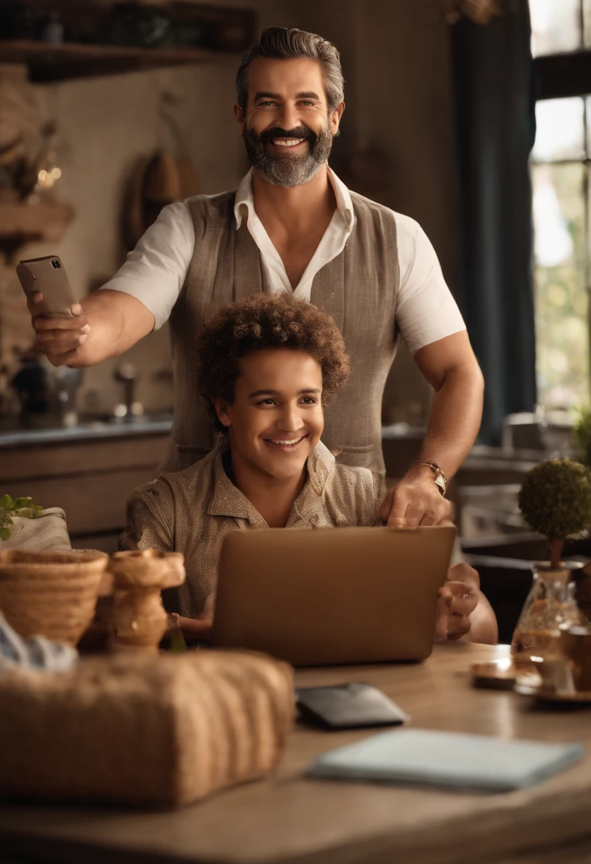 Eu gostaria de um poster man de filme 3D da Disney Pixar, Branco, 35 anos, com barba baixa e barba, cabelo de corte baixo, olhos pequenos, sorridente, com nariz achatado, com camisa branca sem gravata, brasileiro, humilde, cor marrom , tirar uma selfie. This man is close to a family, 2 children, Father and mother, and one of the children must have a credit card. Everyone is happy and smiling. Contra o pano de fundo da cidade do Brasil com casas ao fundo, natural lighting, Um dia limpo e ensolarado, with a happy population.