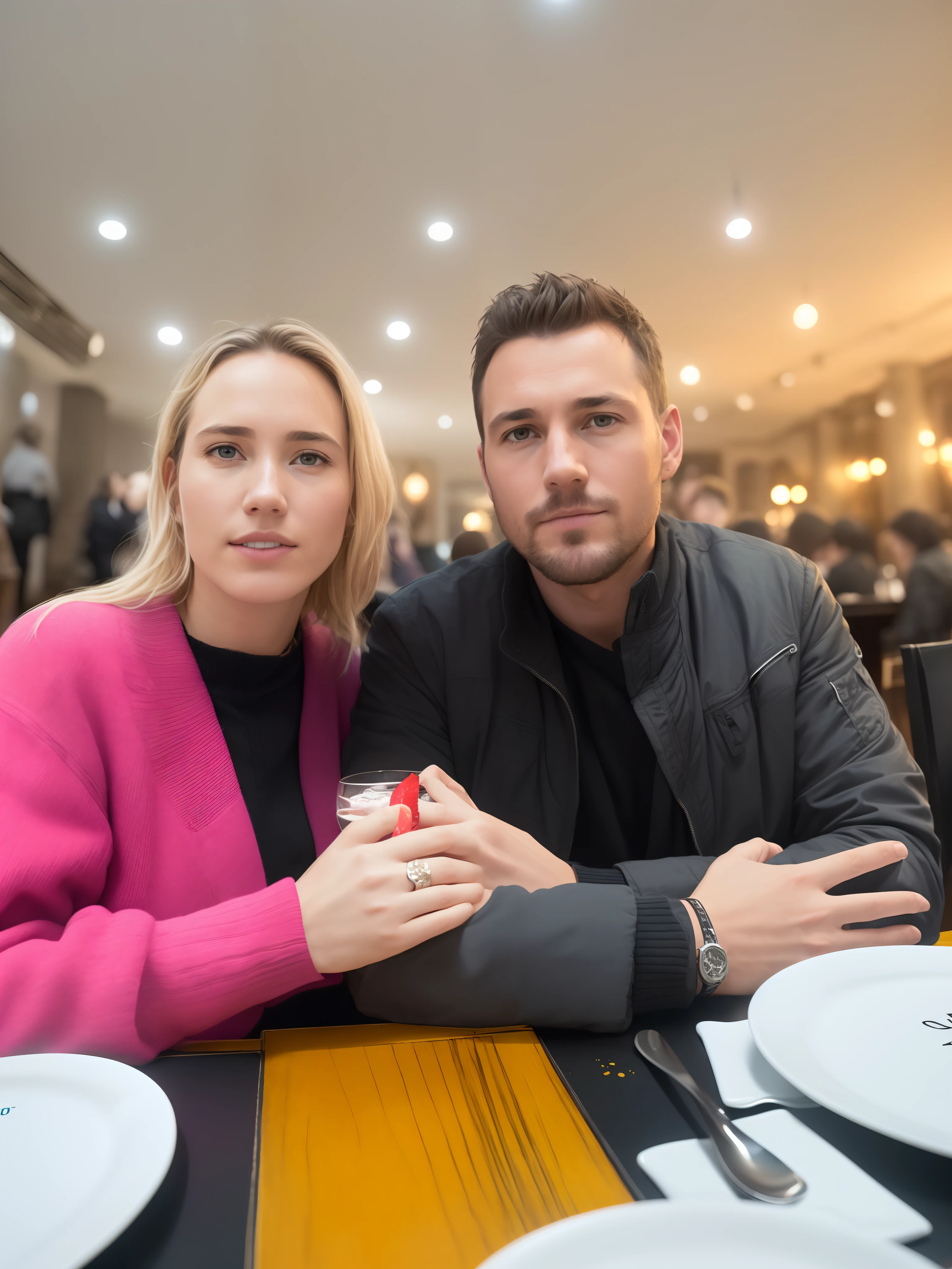 There are two people sitting at a table with plates and cutlery, Millaise e Greg Rutkowski, Directed by: Lee Loughridge, Directed by: Nick Fudge, Casal feliz, Fotografia tirada em 2 0 2 0, imagem de perfil, Postagem no Reddit, Directed by: Joe Bowler, Jordan Grimmer e Natasha Tan, Directed by: Julian Hatton, por Romain brook, Directed by: Jay Hambidge