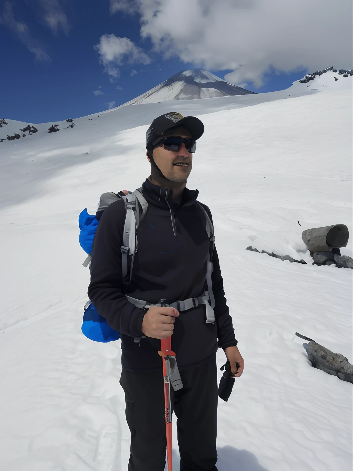 Arafed man with a backpack and ski poles standing in the snow, nas montanhas de neve, Moutain no fundo, com montanhas no fundo, standing close to volcano, com uma montanha nevada e gelo, com montanhas ao fundo, Omar Shanti Himalaia Tibete, usando equipamento de aventura, com montanhas como pano de fundo, usando equipamento de aventura, with a volcano in the background