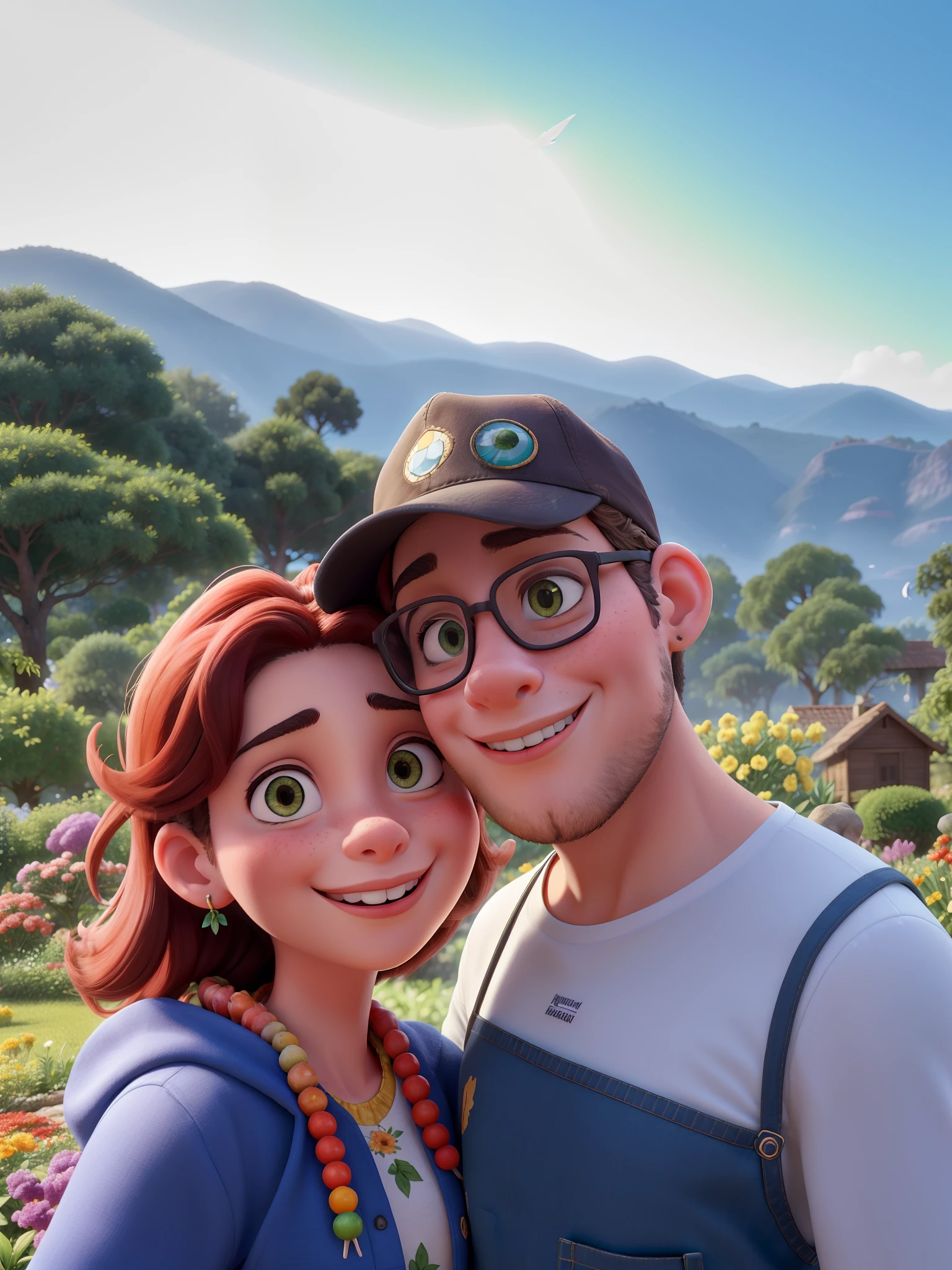 Uma com sorriso radiante, estilo europeia, loira,Standing in a vibrant, jardim esverdeado. Um homem moreno, com barba desenhada e rosto marcado, in cap and glasses, olhos castanhos, standingn. The garden is filled with colorful flowers and lush vegetation. The girl is surrounded by butterflies and birds, criando uma atmosfera extravagante. The sunlight filters through the trees, casting a warm glow on the scene. The girl's eyes are depicted in intricate detail, mostrando sua beleza. The artwork is rendered in a medium of traditional Indian miniature painting, com ricos, cores vibrantes e pinceladas finas. The overall image quality is of the highest standard, com recursos ultra-detalhados e um, Photorealistic rendering. A paleta de cores inclina-se para tons quentes, com foco em tons vibrantes. The lighting is soft and natural, with the play of light and shadow adding depth to the scene.