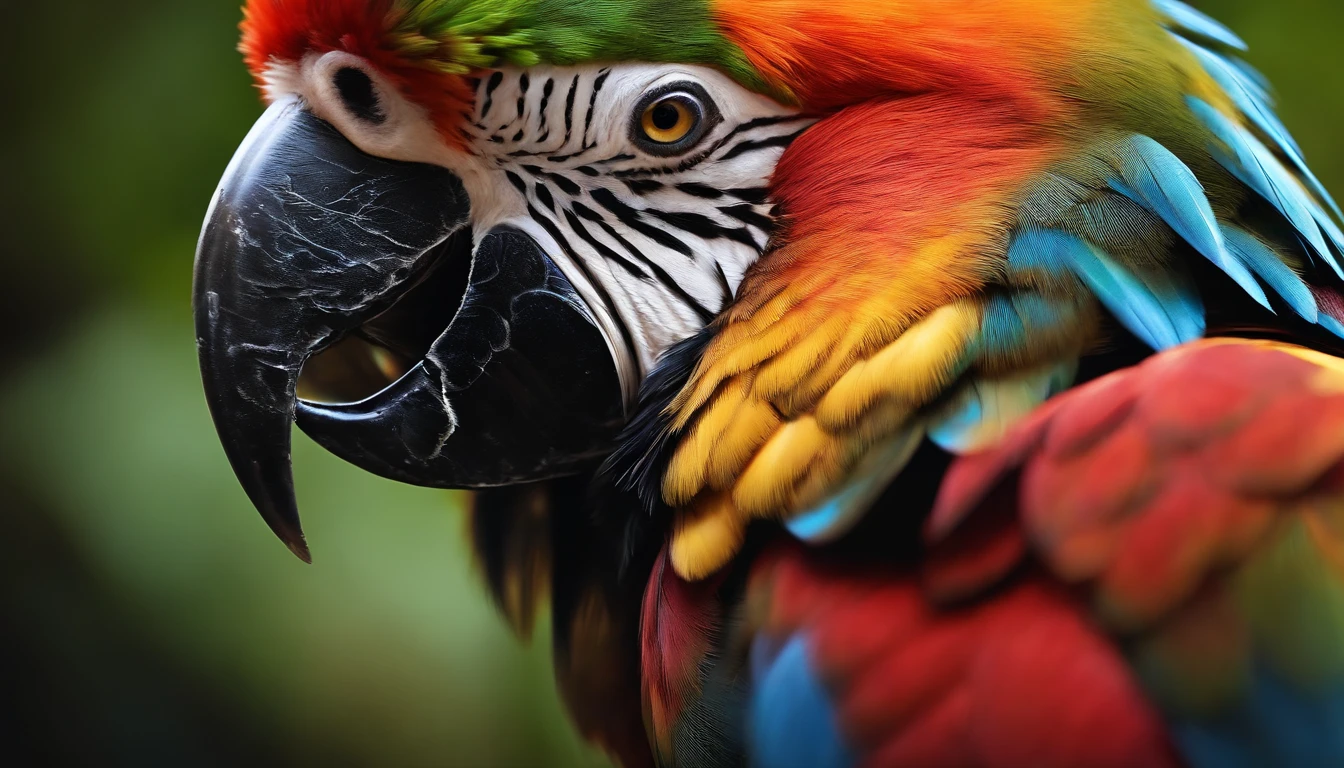 Beautiful papagaio pintor, Fantasy creature, photo-realistic depiction, majestic bird, intricate plumage, iridescent feathers, mythical charm, close-up view, dramatic angle
