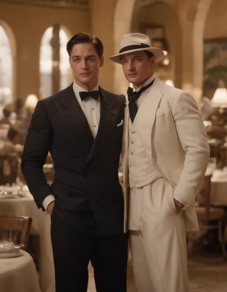 Man in suit and tie standing in a restaurant, a suited man in a hat, homem bonito, beautiful man, white suit and hat, vestido como nos anos 1940, Directed by: John La Gatta, Tom Hardy como Henry Dorsett Case, homem atraente, muito bonito, inspirado em Roy Dalgarno, Brendan Fraser