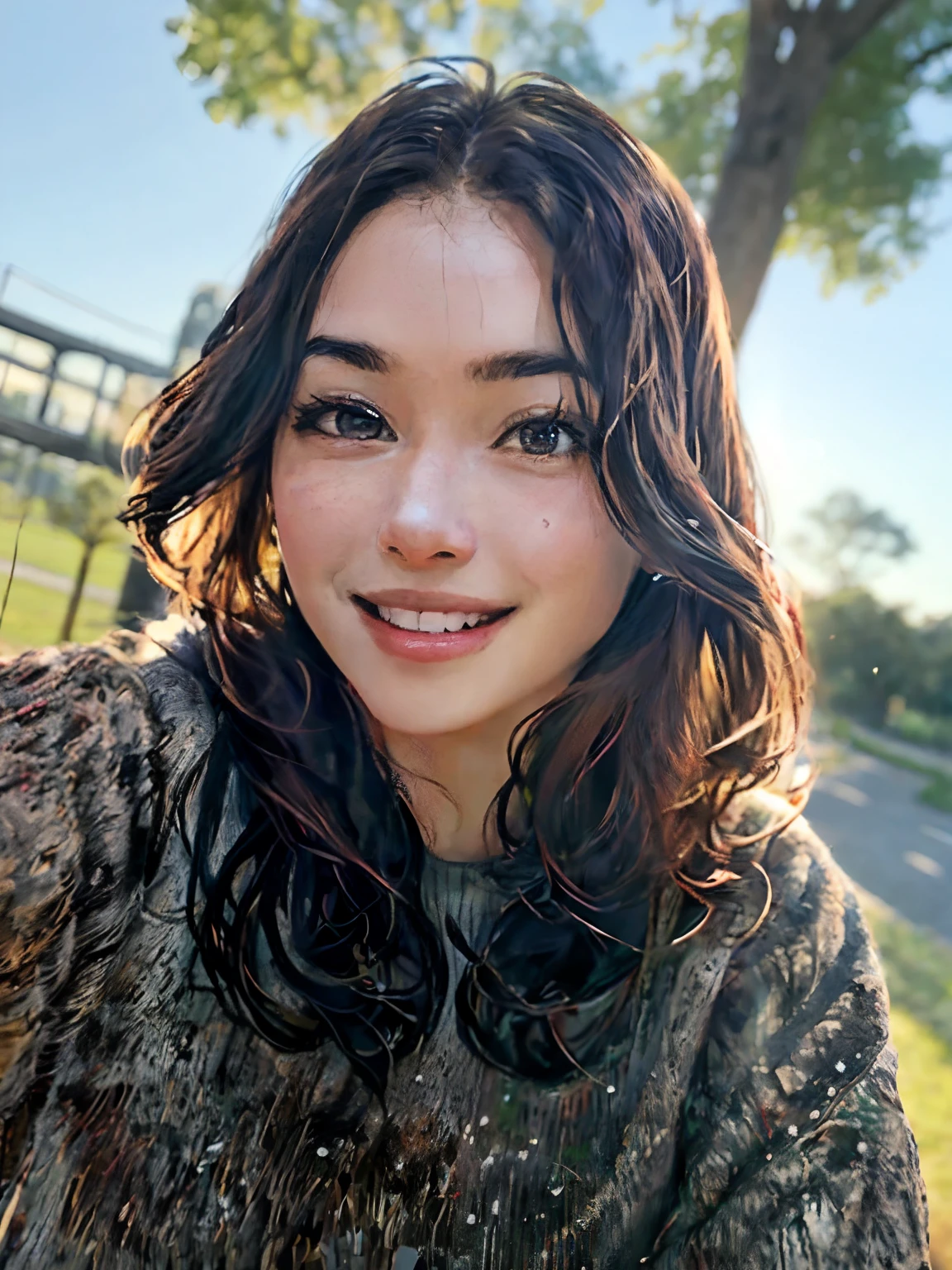 Smiling woman with long dark hair and brown sweater sitting on a bench, retrato frontal, Parque em segundo plano, Retrato no meio da foto, selfie de uma jovem mulher, staring directly at camera, imagem retrato, close - foto retrato acima, Fotografia selfie 8k, Retrato Grande Angular, sorrindo e olhando diretamente, com um parque ao fundo, happily smiling at the camera