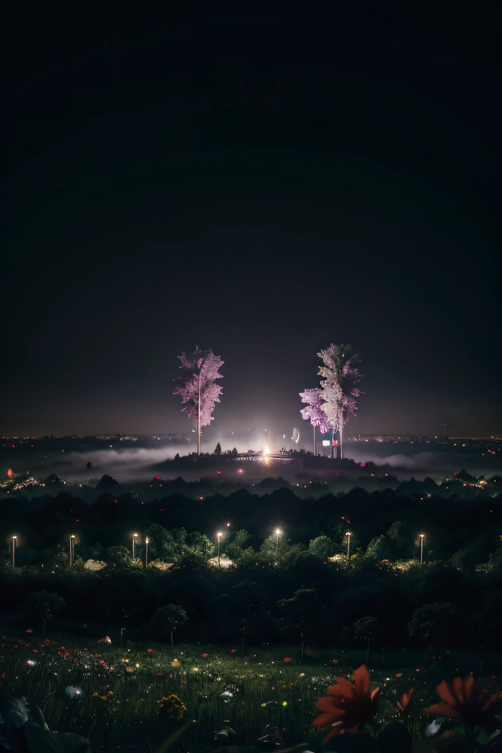 dark forest with gummy bear flowers, with a cyber city with fog at the back view, 8k, raver crowd at the bottom