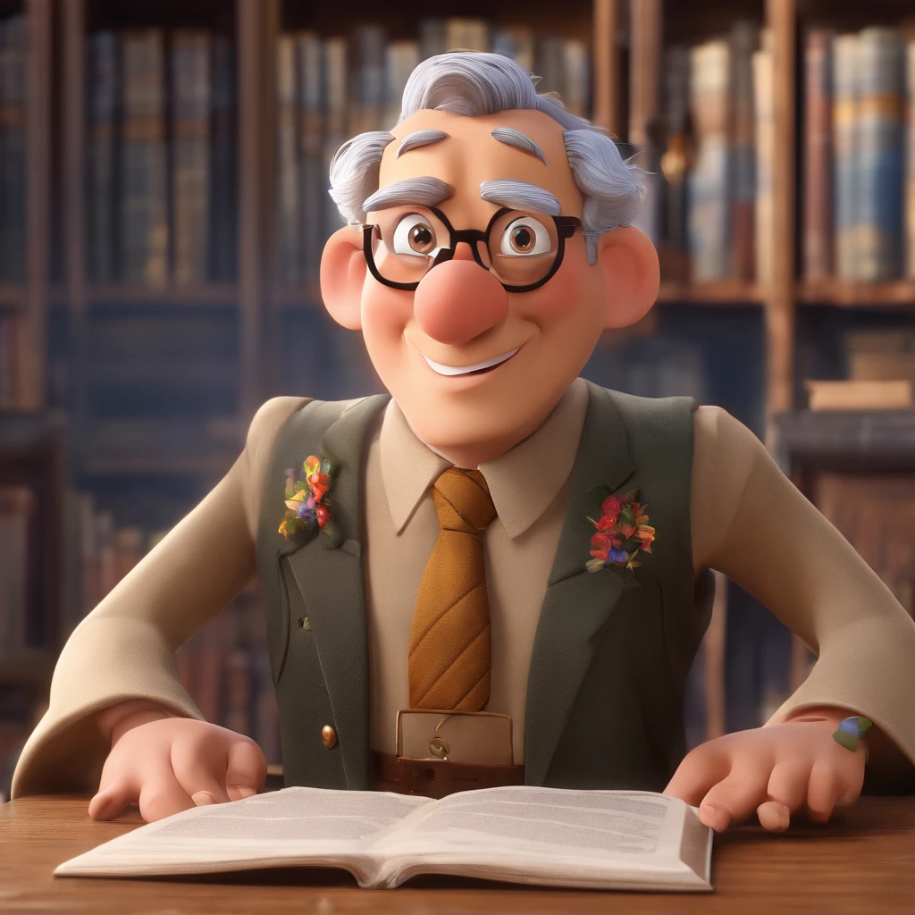 Crie um cartaz inspirado na Disney Pixar com o personagem sendo o pastor Rubens Janier, A gray-haired man wearing glasses, in an office with a Bible on the table, Looking forward and serious