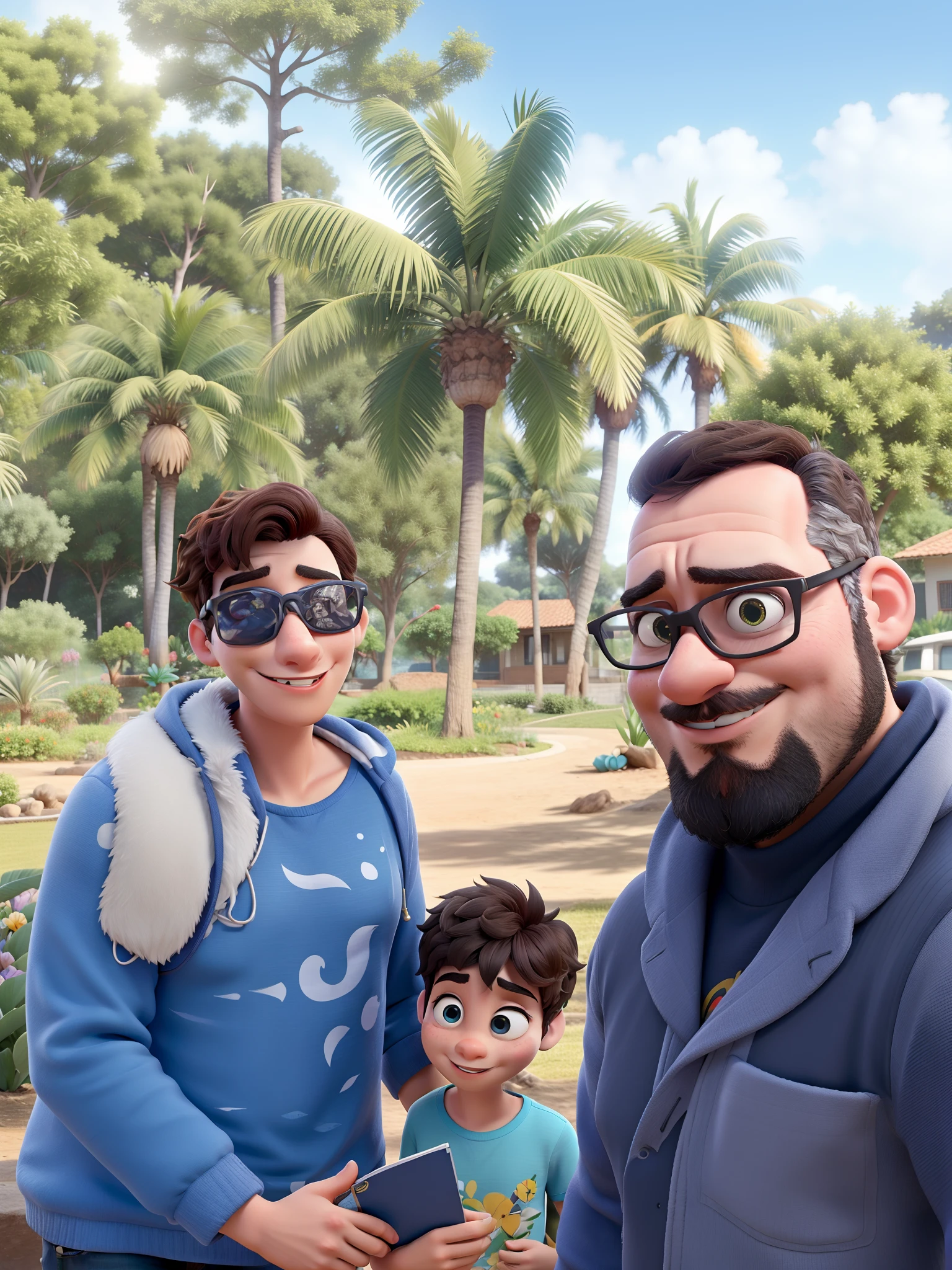Casal sorrindo, Embraced, homem com camisa azul, Black glasses and cap, queixo quadrado, mulher com cabelo preso e blusa colorida, Trees and beach background