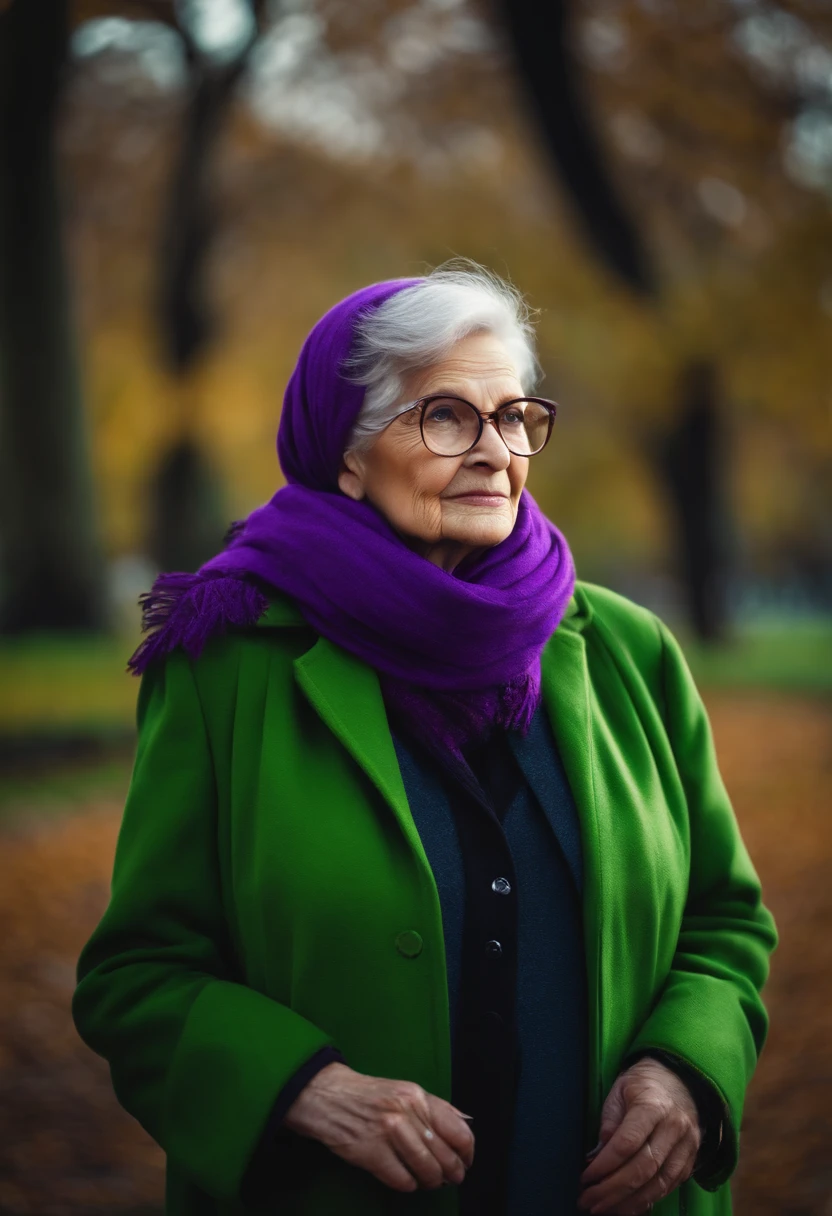 masterpiece, best quality, an old woman with glasses and a scarf on, wearing a purple coat and green scarf, standing at the park