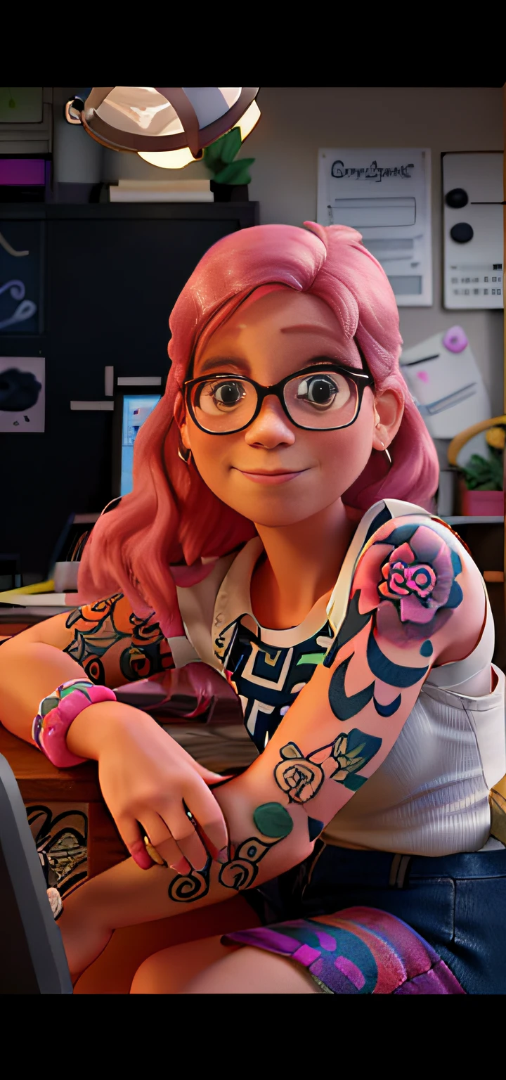 A 40 year old white woman with pink hair tattoos on her arms and neck, parado na frente, iluminado pela luz do sol, against the backdrop of an office