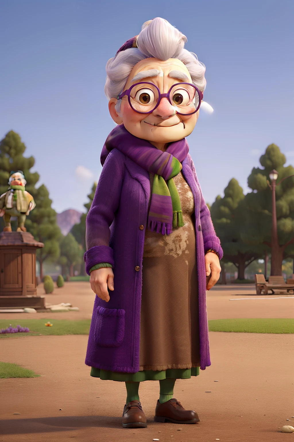 masterpiece, best quality, an old woman with glasses and a scarf on, wearing a purple coat and green scarf, standing at the park