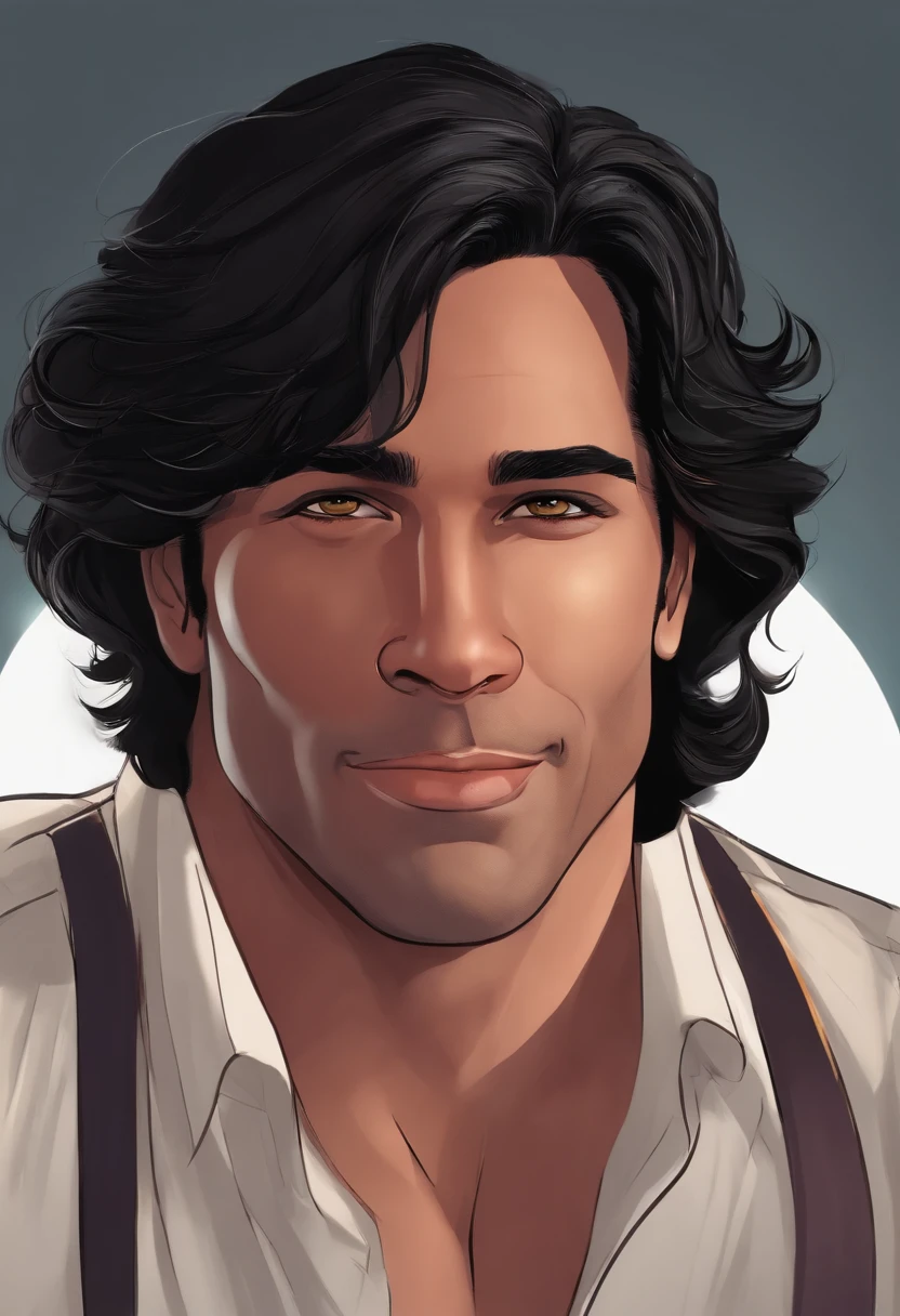 Personagem de desenho animado de um homem de 43 anos, black hair, Rosto redondo, rosto redondo com sorriso encantador, com olhos castanhos.