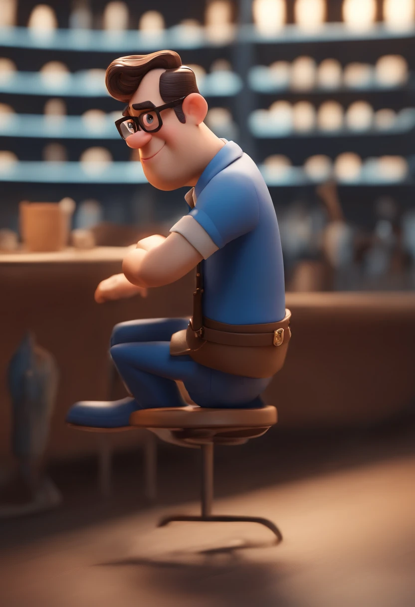 Cartoon character of a man wearing black glasses and a blue shirt, um personagem animado, Caractere estilizado, animation style rendering, 3D estilizado, Arnold Maya render, 3 d render stylized, toon render keyshot, Personagem 3D, Personagem 3D, 3d rendering stylized, 3 d character render, personagem de desenho animado, Personagem de close up, Pose de personagem, (Estilo Pixar) (master part:1.2) (Bokeh) (best quality) (pele detalhada) (textura detalhada) (8k) (argila) (Cinematic lighting) (foco nítido，Senta e vaza a parte superior do corpo