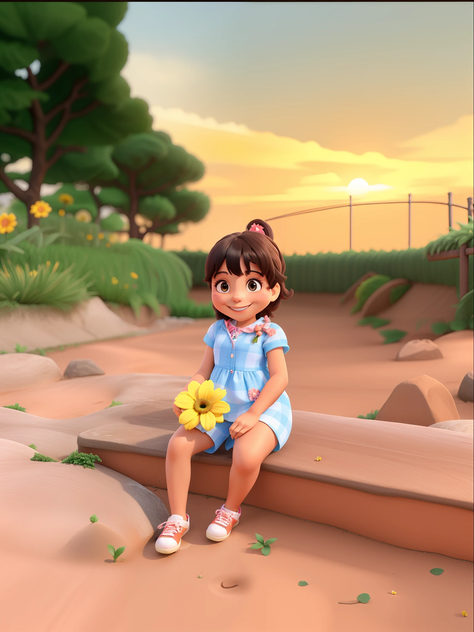 sorrindo e segurando flor