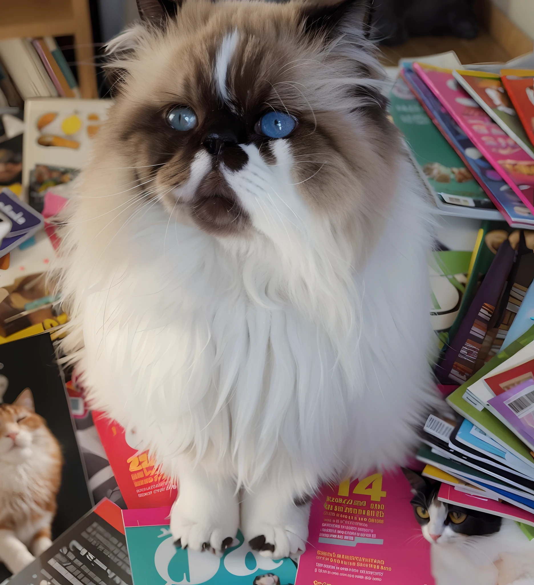 Araffe sentado em uma pilha de revistas com um gato olhando para cima, rabugenta bonita, Looking towards the camera, staring directly at camera, parecendo confuso, staring directly at camera, the cat is fluffy, gato zangado, Looking directly at the camera, gato persa, muito bobo olhando, looking-into-camera, olhar orgulhoso, Carrancudo, gato ragdoll