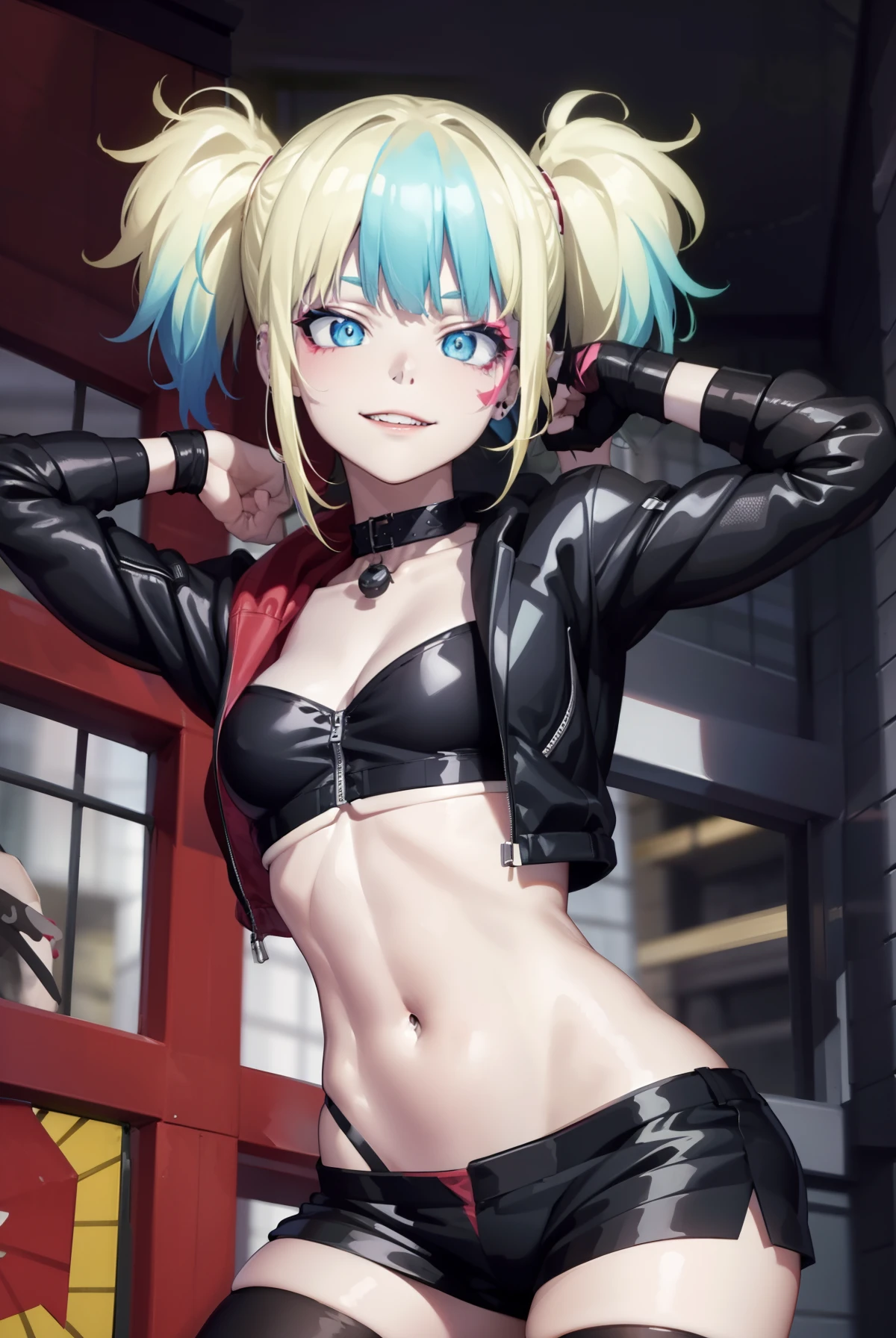 harleyquinn, harley quinn, bangs, blue eyes, blonde hair, twintails, blue hair, multicolored hair, choker, gradient hair, makeup, piercing, pink hair, lips, lipstick, red lips, smile, grin,
BREAK thighhighs, gloves, navel, cleavage, jewelry, jacket, open clothes, shorts, black gloves, midriff, black thighhighs, fingerless gloves, collar, bracelet, open jacket, black jacket, crop top, torn clothes, short shorts, tattoo, chain, spikes, cropped jacket, spiked bracelet, spiked collar, micro shorts, multicolored jacket,
BREAK looking at viewer, full body,
BREAK outdoors,
BREAK (masterpiece:1.2), best quality, high resolution, unity 8k wallpaper, (illustration:0.8), (beautiful detailed eyes:1.6), extremely detailed face, perfect lighting, extremely detailed CG, (perfect hands, perfect anatomy),