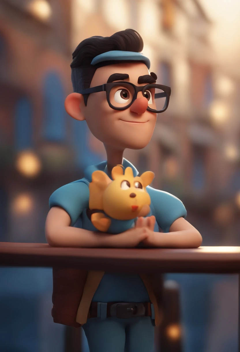 Cartoon character of a man wearing black glasses and a blue shirt, um personagem animado, Caractere estilizado, animation style rendering, 3D estilizado, Arnold Maya render, 3 d render stylized, toon render keyshot, Personagem 3D, Personagem 3D, 3d rendering stylized, 3 d character render, personagem de desenho animado, Personagem de close up, Pose de personagem, (Estilo Pixar) (master part:1.2) (Bokeh) (best quality) (pele detalhada) (textura detalhada) (8k) (argila) (Cinematic lighting) (foco nítido，Senta e vaza a parte superior do corpo