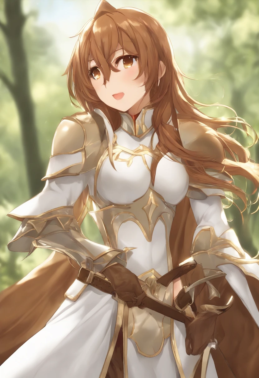 Asuna, Asuna_(estrela), (1girl,sozinho) ,fantasia, Altas, 19 I,  Original, (usar em uma bainha na cintura:1.3), sorrir, (White Knight Wizard Cabo Longo:1.5), short hair, medium breasts, Olhando para o Viewer, franja ,Detailed brown hazelnut eyes, fundo bonito, ((Morning sun,Quarto privado de estilo ocidental)), hands on the chest,(brown hair,rabo de cavalo curto:1.5), (Armadura completa do Platinum Knight Wizard:1.55),short hair, Standing,Em linha reta, abec,(corpo inteiro:1.1), coxas brancas,(abec:1.4),