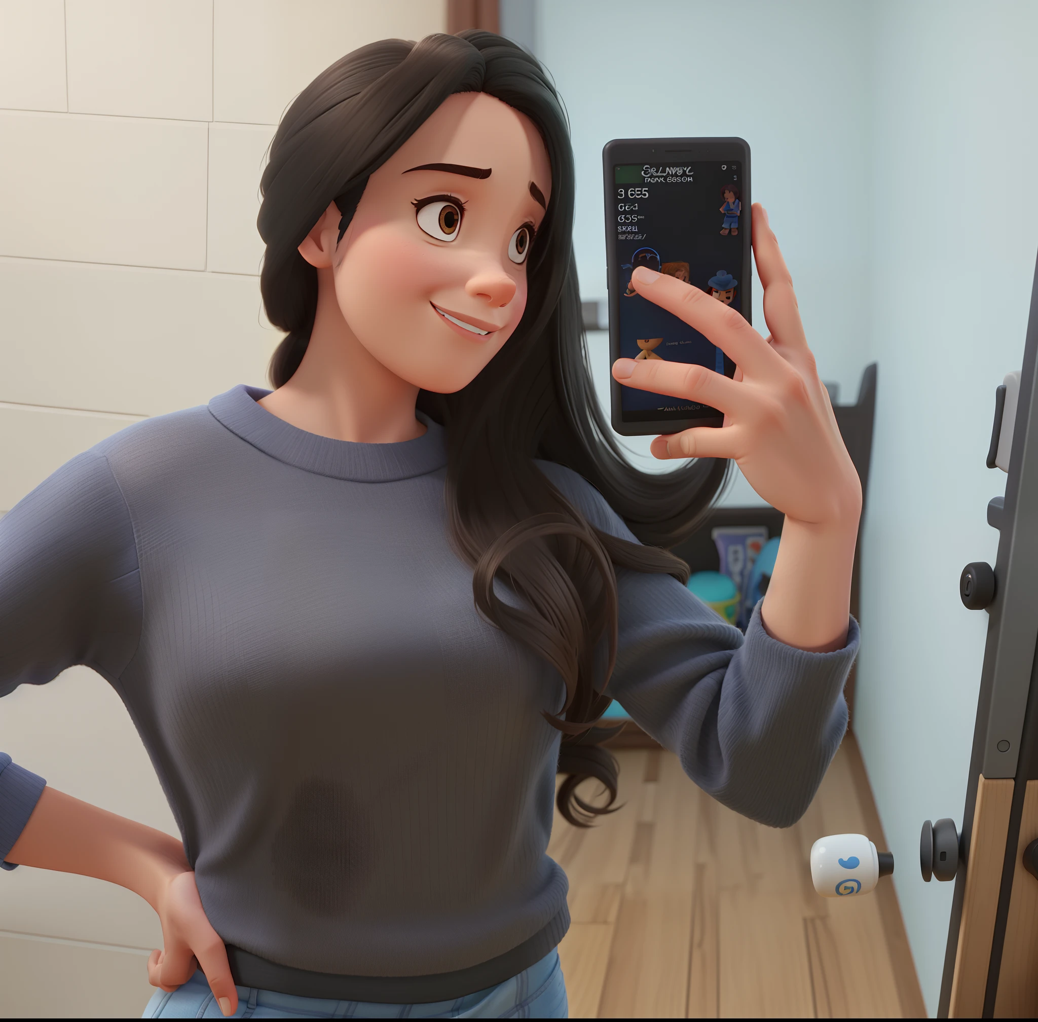 Mulher cabelo longo, com celular no estilo Disney Pixar, alta qualidade, melhor qualidade