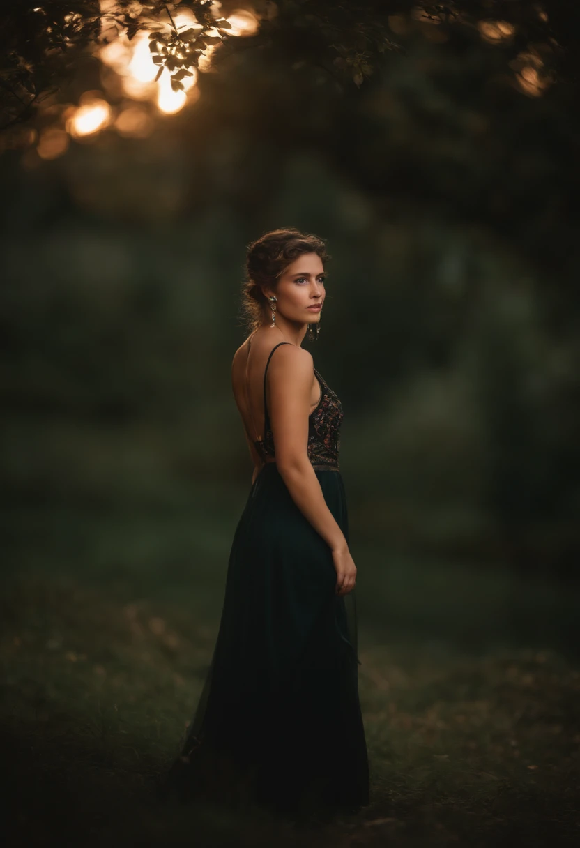 (foco nítido:1.2), 1girl, Usando (vestidinha preta pequena:1.2) em um (gala:1.2), (Moody Lighting:1.2), profundidade de campo, Bokeh, 4k, HDR. por (Alphonse Mucha:1.1).
