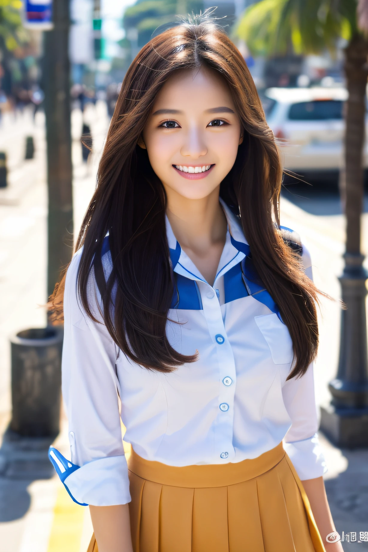 1 Girl in the beach at noon、walking in the street、Walking、Gaze to the side、A delightful、Beautie、Tremendously beautiful、dual、A slender、a smile、The long-haired, high quality image, high resolution in detail, try-x, ISO1600, super realistic photo, fine skins, fine hair, 135mm lens, bust shot, school uniform, realistic eyes, realistic teeth, bare waist, best quality