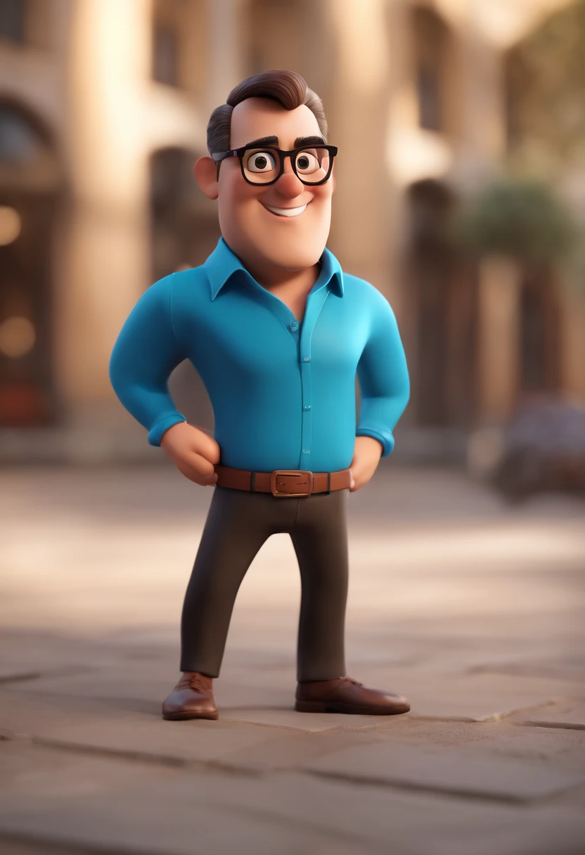 Cartoon character of a man with black glasses and a blue shirt, animation character, Caractere estilizado, animation style rendering, 3D estilizado, Arnold Maya render, 3 d render stylized, toon render keyshot, Personagem 3D, Personagem 3D, 3d rendering stylized, 3 d character render, personagem de desenho animado, Personagem de close up, Pose de personagem,  (Estilo Pixar) (master part:1.2) (Bokeh) (best quality) (pele detalhada) (textura detalhada) (8k) (argila) (Cinematic lighting) (foco nítido