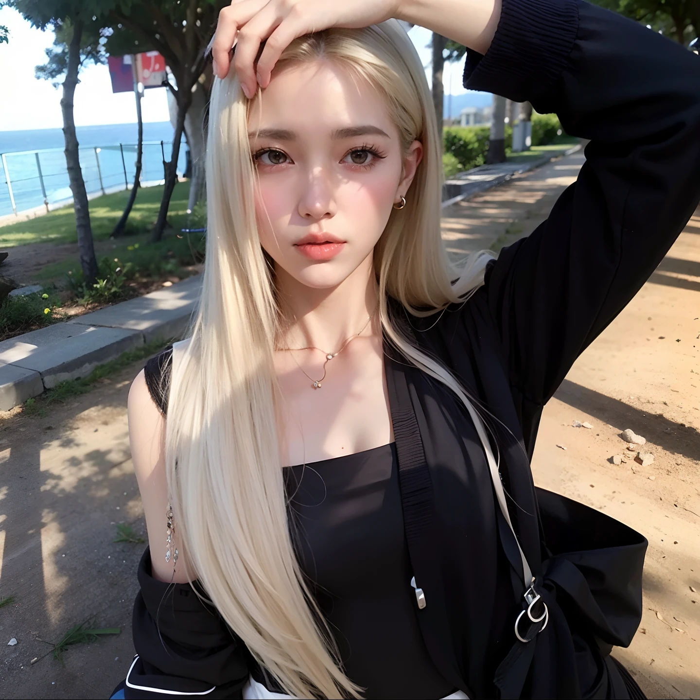 Un primer plano de una mujer con el pelo largo y rubio y una blusa negra, con cabello largo y rubio, con pelo largo blanco, extremely pale blond hair, con el pelo largo y blanco, con el pelo largo, con el pelo rubio muy largo, cabello rubio muy, very pale, ulzzang, Peinado blanco de corte hime, Chica coreana, 2 4 year old female model, longer blonde hair