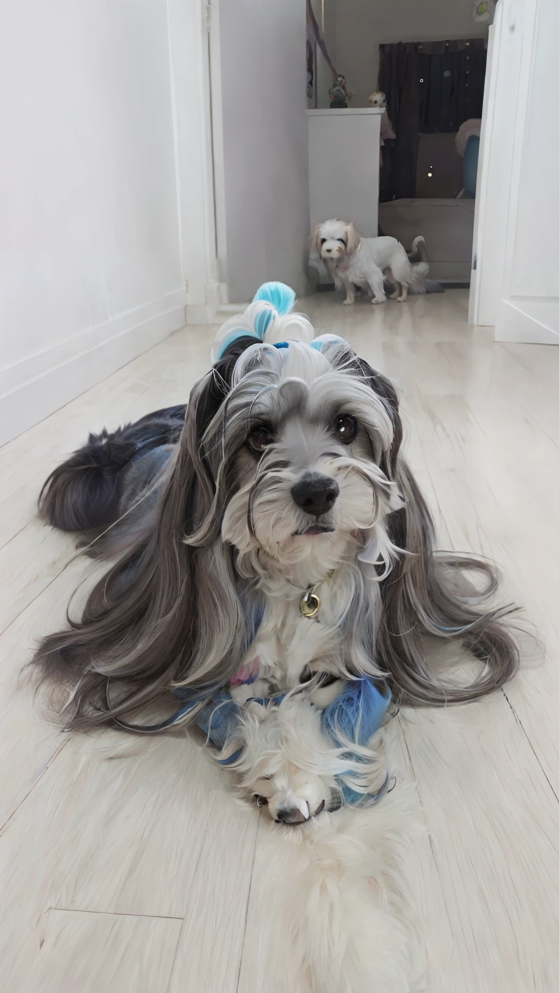 There's a dog that's lying on the floor with a hairpin, chinese crested powderpuff dog, havanese dog, com cabelos longos brancos, Directed by: Emma Andijewska, cabelo comprido azul centrado, pelo ondulado longo, fazendo uma pose elegante, olhar orgulhoso, Lhasa Apso, com longos cabelos brancos, cabelos longos prateados, com cabelos longos, beautiful dog head