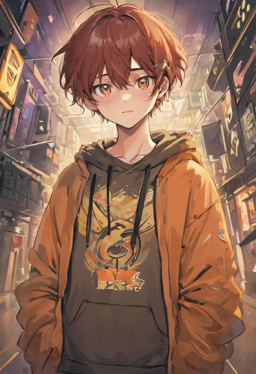 Illustration of an 18-year-old boy, de pele parda, cabelo curto de cor marrom, olhos alaranjados, roupa casual, lilac sweatshirt, Black pants a little ripped,with a shark's tooth-like pendant. com um gato malhado no ombro, with a subtle drawing of a spider on its head,(obra prima, melhor qualidade, high resolutions:1.4), detalhado, Intrincado detalhado, 10, respingos de cor, arte de linha, Fibonacci,
