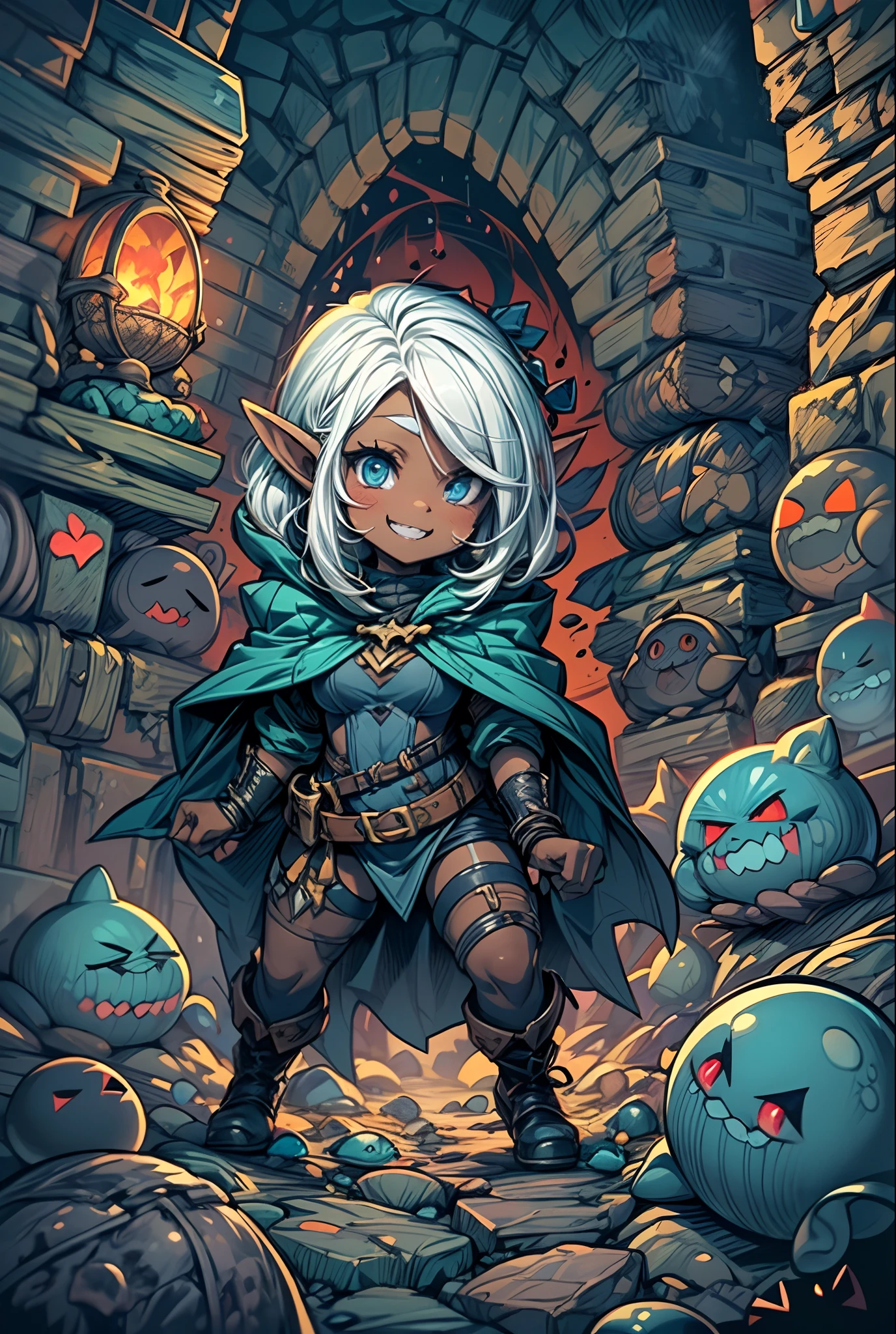 Very detailed illustration of a cute female thief, drow elf, white hair, ((dark blue skin)), ((surrounded by cute dark slimes)) black leather clothes with hood, grin, full curvy body, zoomed, detailed colorful dungeon environment, brick walls, whimsical, tetradic colors, cartoon, darkest dungeon merged with league of legends, art by Chris Sanders, rocks and stones, fairytale, fantasy, cartoonish vector, anime, manga, vibrant, sunbeams, (slimes with kawaii faces)