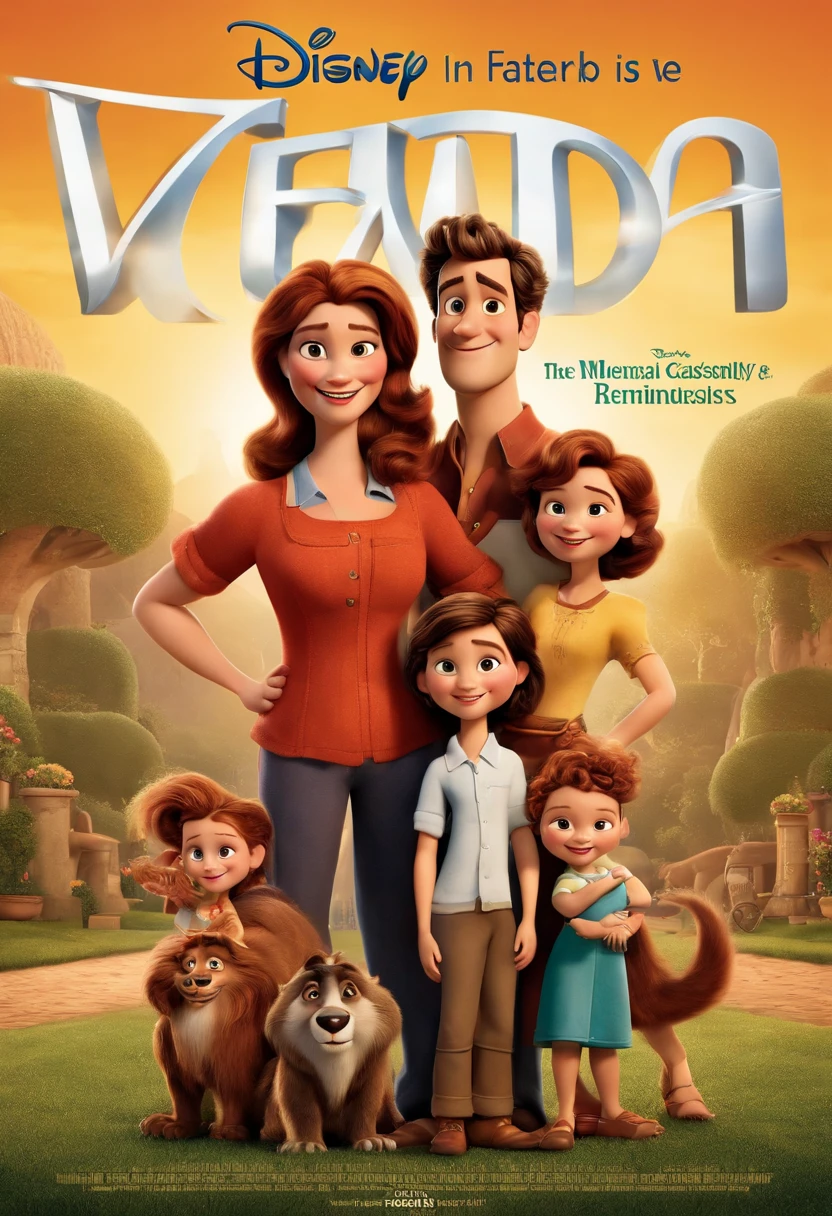 a Disney Pixar movie poster showing a white-skinned family. The father is the tallest, Tem barba curta, loiro, cabelos curtos e espinhosos. The mother has brown eyes and hair, shoulder-length and is slightly overweight. O menino tem 4 anos e cabelos castanhos, roupa vermelha e cabelo curto. The background is a restaurant. 3D-rendering