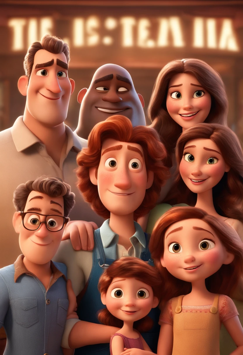 a Disney Pixar movie poster showing a white-skinned family. The father is the tallest, Tem barba curta, loiro, cabelos curtos e espinhosos. The mother has brown eyes and hair, shoulder-length and is slightly overweight. O menino tem 4 anos e cabelos castanhos, roupa vermelha e cabelo curto. The background is a restaurant. 3D-rendering