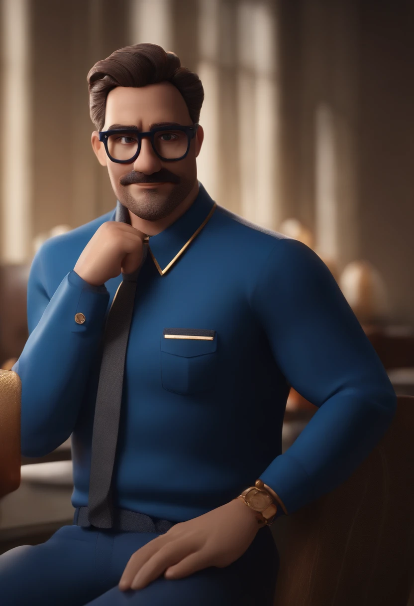 Cartoon character of a man wearing black glasses and a blue shirt, um personagem animado, Caractere estilizado, animation style rendering, 3D estilizado, Arnold Maya render, 3 d render stylized, toon render keyshot, Personagem 3D, Personagem 3D, 3d rendering stylized, 3 d character render, personagem de desenho animado, Personagem de close up, Pose de personagem, (Estilo Pixar) (master part:1.2) (Bokeh) (best quality) (pele detalhada) (textura detalhada) (8k) (argila) (Cinematic lighting) (foco nítido,Senta e vaza a parte superior do corpo