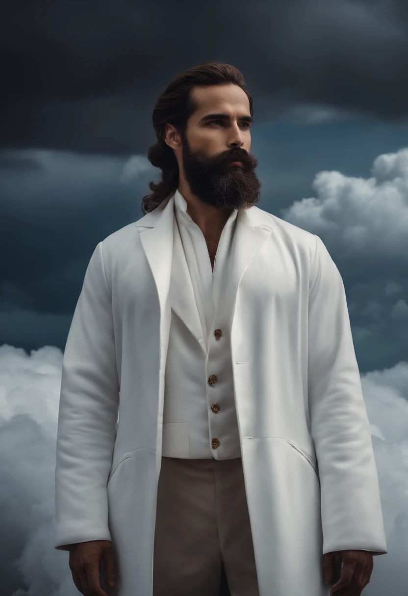A man dressed in white amidst the clouds, cabelo pouco comprido e e de barba, Medium Size