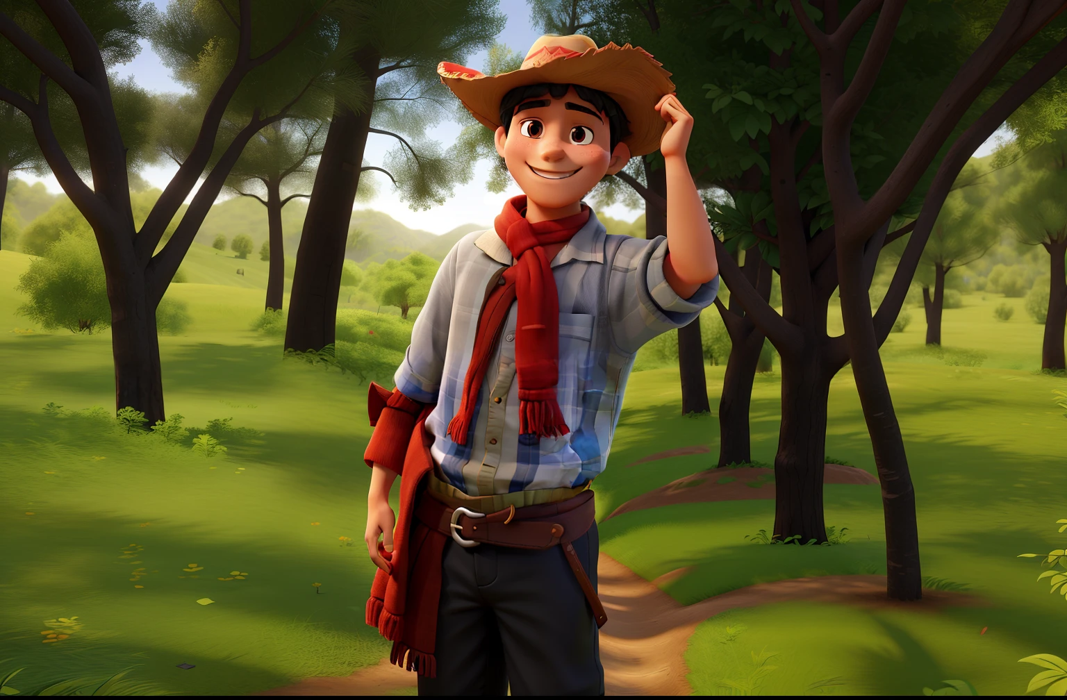 A young gaucho smiling in the middle of the trees wearing a wide hat, knife at the waist and a red scarf around the neck, Arm Raised Extended Hand