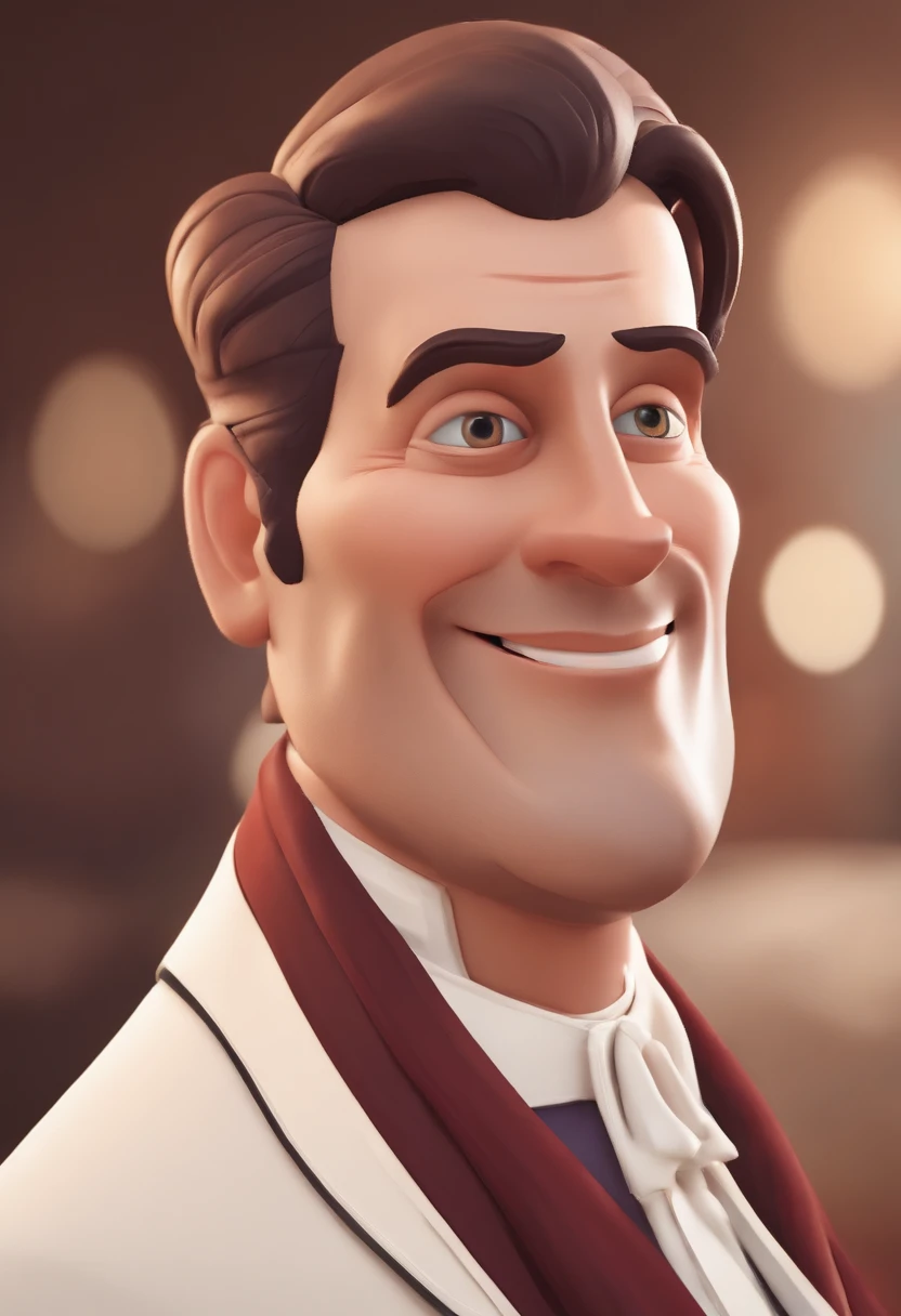 Personagem de desenho animado de um homem de 43 anos, brow hair, Rosto redondo, rosto redondo com sorriso encantador, com olhos castanhos.