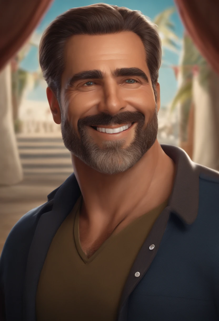 Personagem de desenho animado de um homem de 43 anos, brow hair, Rosto redondo, rosto redondo com sorriso encantador, com olhos castanhos.
