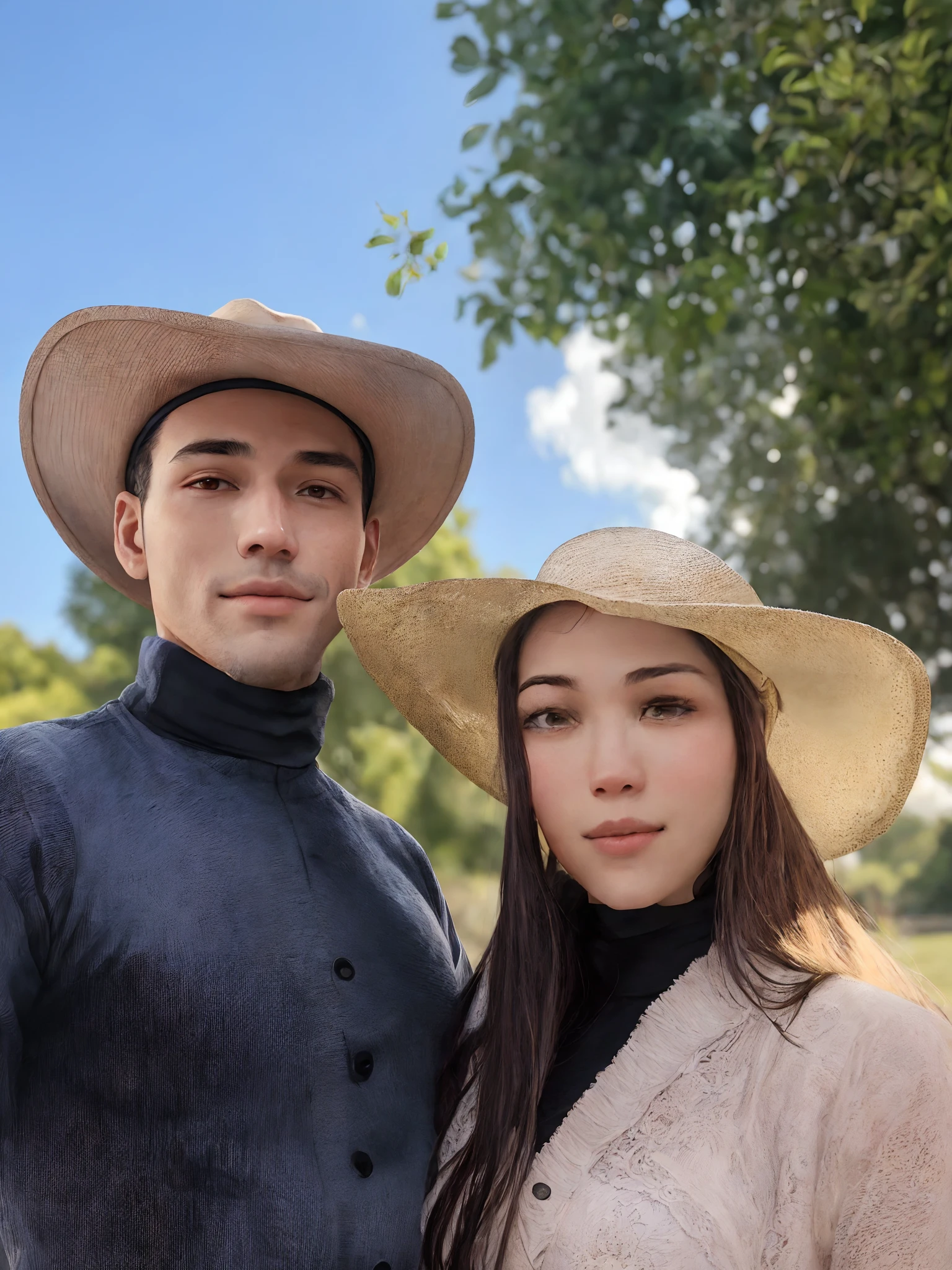There's a man and a woman who are posing for a picture, wearing a travel hat, Retrato de duas pessoas, retrato de casal, Tyler Edlin e Natasha Tan, por, retrato de casais, sem campo, casal feliz, Jordan Grimmer e Natasha Tan, wearing a cowboy hat, Fotografia tirada em 2 0 2 0, homem e mulher, Lovely couple, with hat