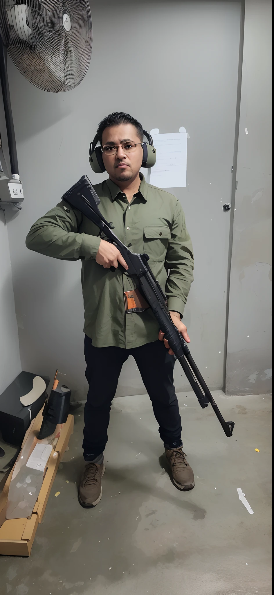 There's a man holding a gun in a room with a fan, com fuzil, segurando fuzil, segurando um rifle, holding a sniper rifle, Pose de Tiro, corpo inteiro em tiro, segurando um mp7, tiro de corpo inteiro, man is carrying a rifle, with rifle in hands, com enorme rpg, imagem de corpo inteiro, com pistola, tiro de corpo inteiro!!