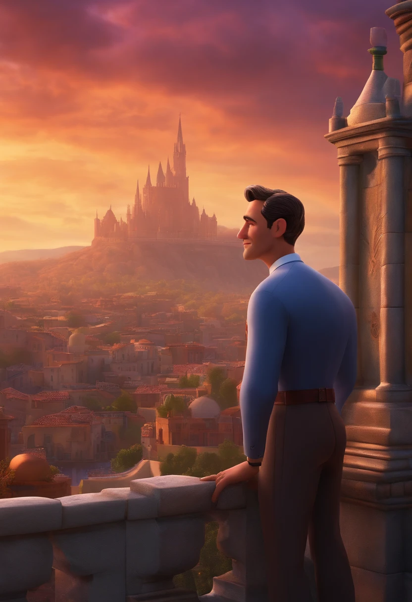 A city councilman looking at a dream project inspired by Pixar animation, de perto. The character takes center stage with captivating facial expressions, oferecendo um toque de irrealidade