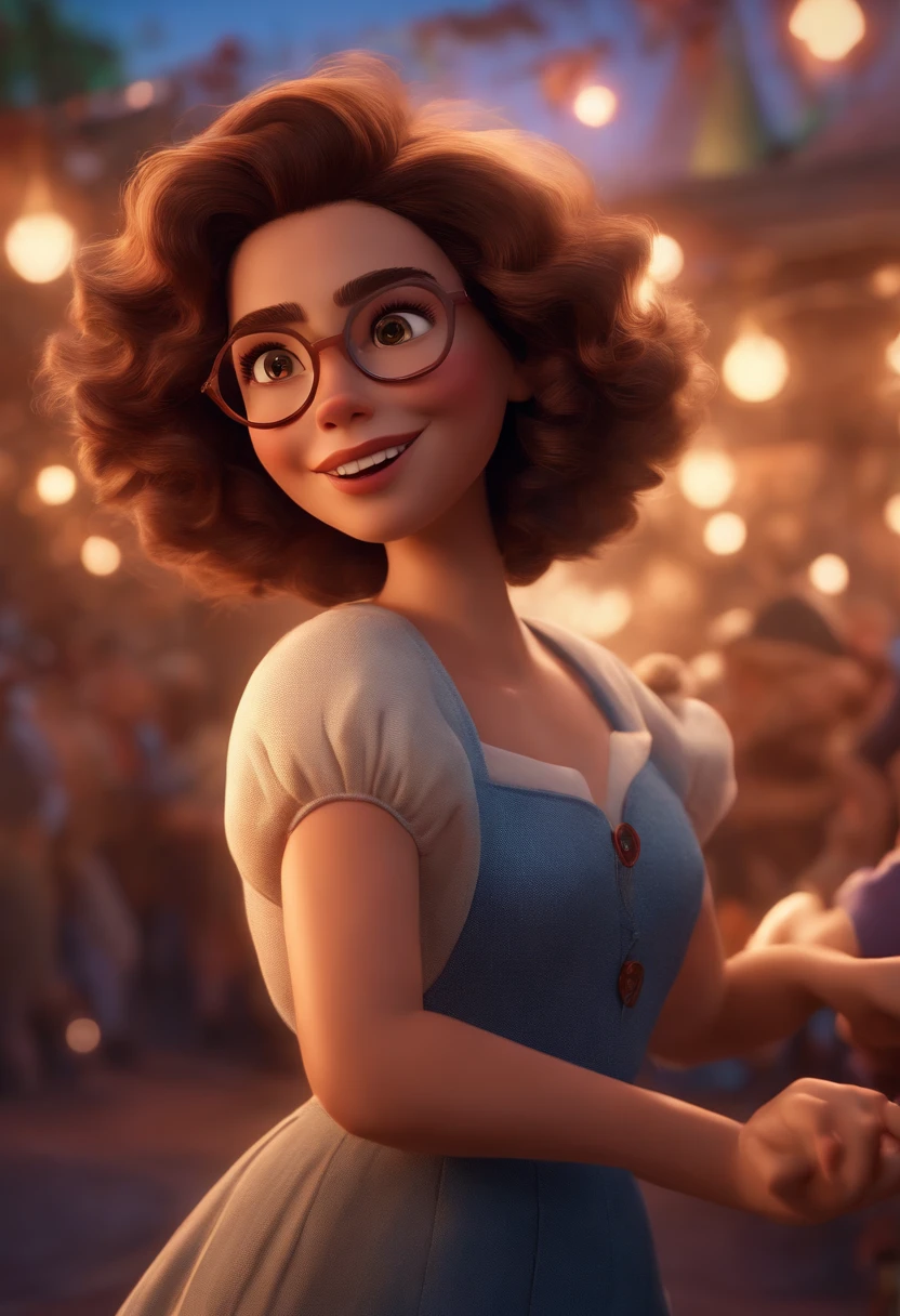 /imagine Pixar style image with 3D character white glasses brunette woman short curly hair dancing, Maquiagem Disney,Pescador, bonitinho, sorridente ,Close-up, Pixar, Disney, Cinema lighting,