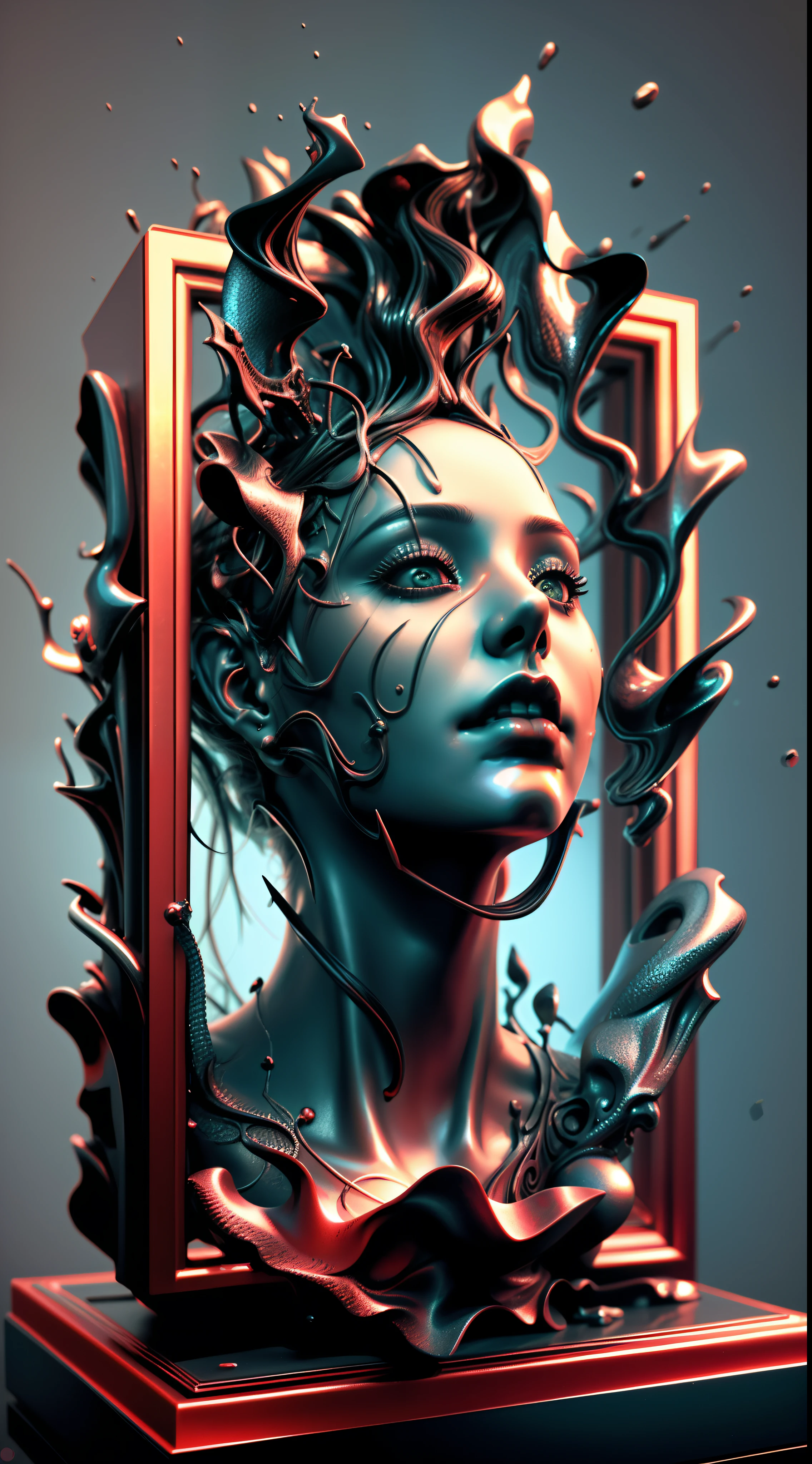 um close up de uma escultura de uma mulher com um rosto em uma moldura, arte surreal de horror, Arte 3D digital detalhada, arte sombria surreal, detailed 3d gothic oil painting, arte surreal sombria, derretimento do rosto, arte digital 4k inquietante, Arte digital alucinante, horrific digital art, 3d renderizar arte digital, dramatic artwork, Arte digital surrealista