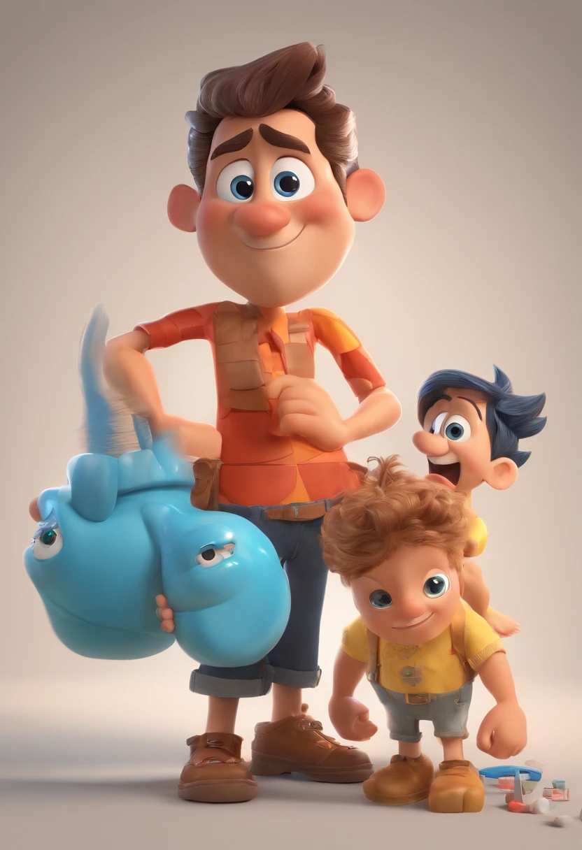 Estilo Pixar: The grown man is holding a naked blue-eyed boy and in his other hand he is holding a pair of scissors and is trying to cut off the boy's testicles,3D Poster,Disney