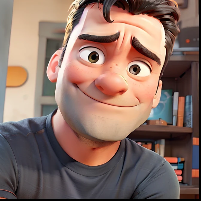 Jon Hamm, Cartoons in orange shirt and black pants, arms crossed, olhando para frente e sorrindo com os dentes aparecendo;