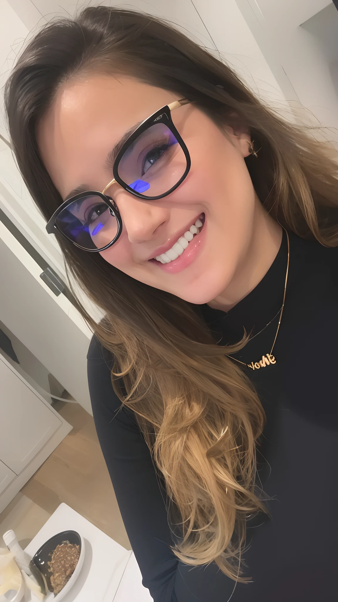 smiling woman with glasses and a black top in a kitchen, !!wearing modern glasses!!, slight nerdy smile, profile image, cute slightly nerdy smile, wearing square glasses, wearing gold glasses, blue rimmed glasses, girl with glasses, very low quality, professional picture, very very low quality picture, thick glasses, with glasses, very very low quality, pokimane