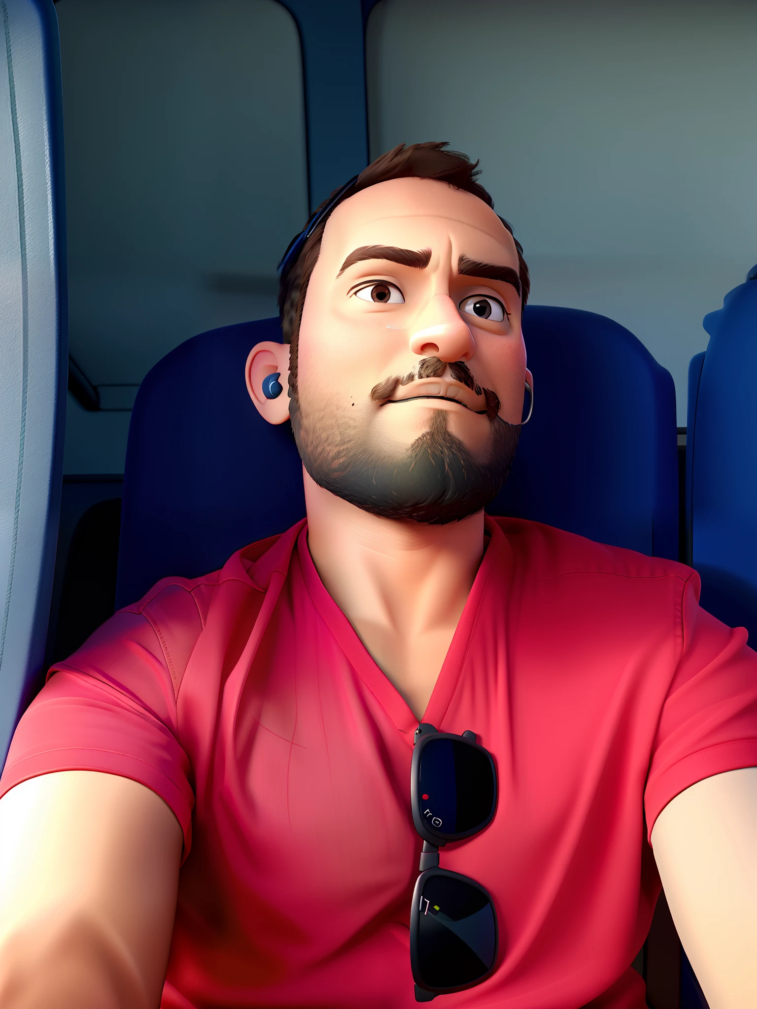 A man sitting in the last seat of a bus with sunglasses on the collar of his shirt with Disney Pixar style bluetooth headset