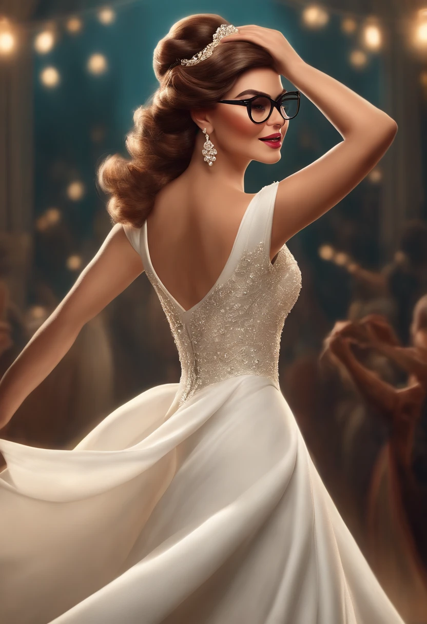 "(best quality,ultra-detalhado,Realistic:1.37),3D rendering,illustration,design de personagens,cabelos curtos e cacheados escuros,belos olhos detalhados,wearing white glasses,Estilo Pixar,morena mulher,Dancing on the Disney stage,atmosfera animada,vivid colors,luzes de palco,expression joyful"