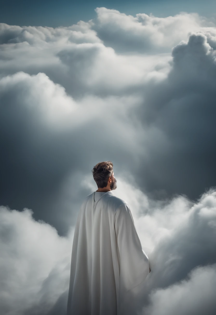 A man in a white robe amidst the clouds, cabelo comprido e de barba, Medium Size